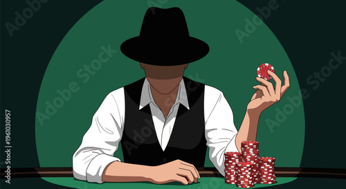 Man in black hat and vest playing poker with chips on green table in dark room