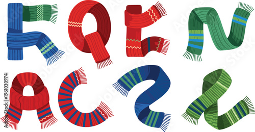 Alphabet letters made of winter scarves flat vector illustration cozy knitted typography design colorful wool lettering set isolated