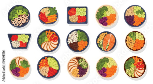 Colorful collection of healthy food bowls viewed from top including poke bowls, buddha bowls, salad bowls, and grain bowls filled with fresh vegetables, fruits, proteins, and grains in flat cartoon.