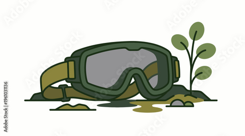 Resilience Unveiled Goggles Rest While a Fresh Plant Emerges from Earth