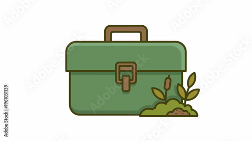Green utility box illustration for outdoor hobbies and garden tools