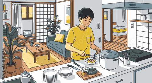 Young man preparing food in a modern kitchen with a living room and bedroom in the background, in a minimalist Japanese-style apartment with warm tones.