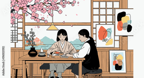Illustration of two women sitting at a table in a traditional Japanese room with cherry blossoms and artwork, enjoying a meal together.