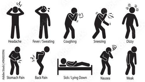 Sick person icons set with various symptoms like headache, stomach pain, coughing, and fever in solid black stickman style.