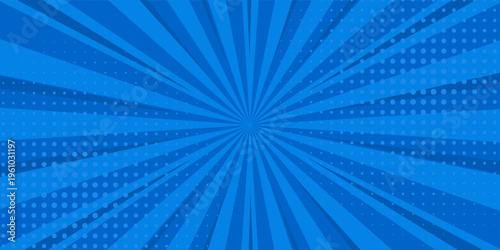 Pop art comic blue background with halftone, rays, gradient. Vector cartoon illustration in retro style. Design for comic book, poster, banner