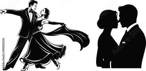 Black Silhouette and Line Art of a Professional Ballroom Dancing Couple and a Romantic Couple Profile Isolated on White Background