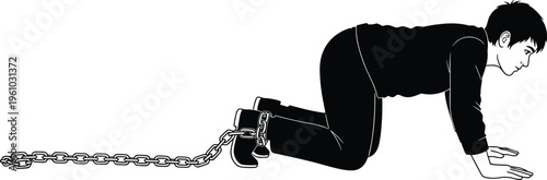 Black Silhouette and Line Art of a Young Man Crawling on All Fours with Heavy Iron Chains Around His Ankles