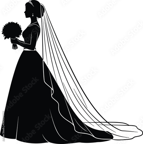 Black Silhouette of a Beautiful Bride Wearing a Long Wedding Dress and Veil while Holding a Bouquet of Flowers Vector