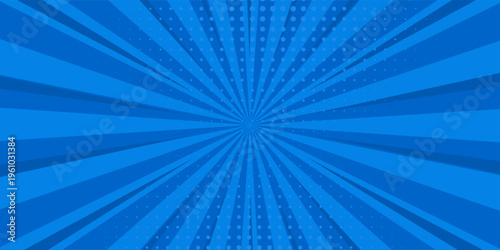 Pop art comic blue background with halftone, rays, gradient. Vector cartoon illustration in retro style. Design for comic book, poster, banner