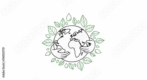 Hands embracing the Earth surrounded by leaves and water droplets