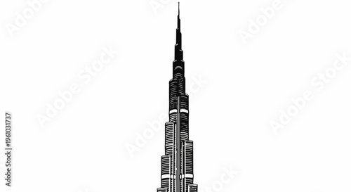 Iconic skyscraper with a slender, tapering form and multiple levels