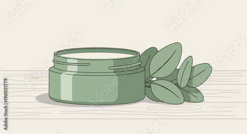 Green skincare jar with eucalyptus leaves on a light wooden surface