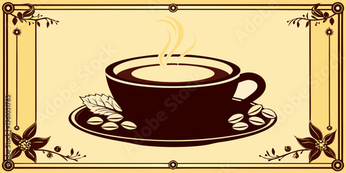 A stylized illustration of a dark coffee cup with beans and floral accents