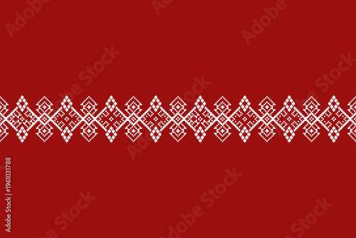 Diamond motifs arranged in a continuous horizontal chain form a central border in red and white pixel style. Layered geometric details create a structured decorative band for textile and surface use.