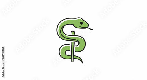 Green serpent coiled around a staff, symbolizing medicine