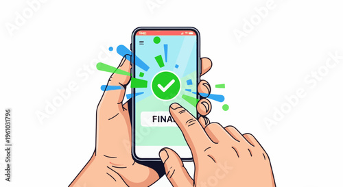 Hands holding a smartphone displaying a green checkmark confirmation within a vibrant celebratory design