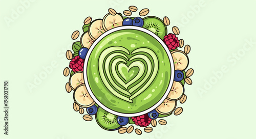 Green smoothie in bowl with fruits and oats, heart design