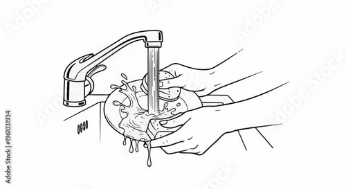 Hands wash a plate under running water with a sponge in a sink