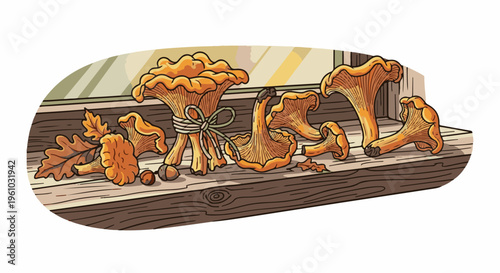 Group of chanterelle mushrooms with oak leaves and acorns on a wooden surface