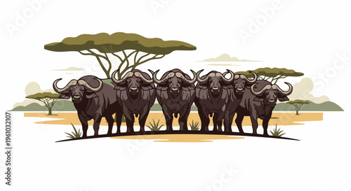 Herd of African buffaloes in a savanna landscape with trees and clouds