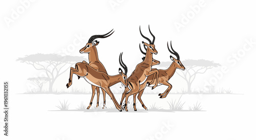 Herd of impalas leaps across a savanna landscape with acacia trees