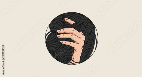 Hand touching dark, long hair inside a circle
