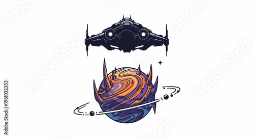 Futuristic spacecraft hovers above a cosmic, spiky planet with swirling colors