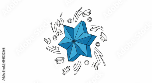Geometric blue star with abstract swirling elements and fragmented shapes