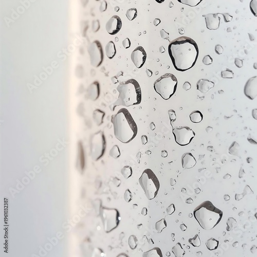 Close-up view of numerous clear, shiny water droplets adhering to a transparent surface, reflecting light beautifully.