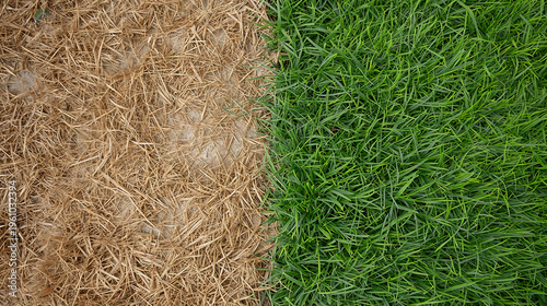 A striking visual representation of environmental change with vibrant green grass meeting a section of dry, brown, and lifeless hay, illustrating contrasting conditions.