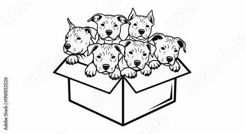 Five playful puppies are peeking out from an open cardboard box