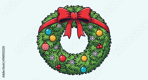 Festive green wreath adorned with a red bow, ornaments, and snowflakes
