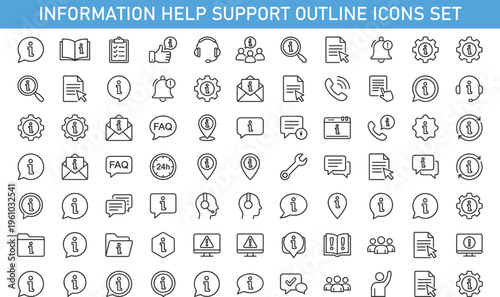 information help support outline icons set, customer service FAQ symbols collection, assistance communication vector icons, help desk support infographic elements, information service icons