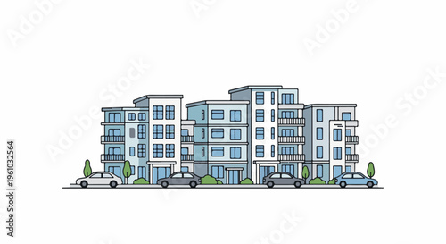Flat illustration of modern multi-story residential buildings with balconies and cars
