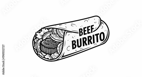 Hand-drawn black and white illustration of a savory beef burrito, filled with meat and vegetables