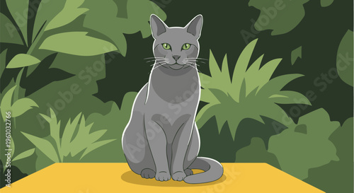 Gray cat with green eyes sits attentively on a yellow surface in lush greenery