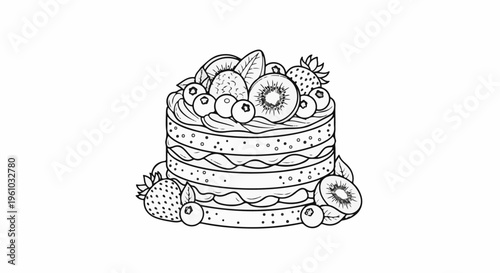 Hand-drawn cake with layered frosting, berries, and kiwi slices