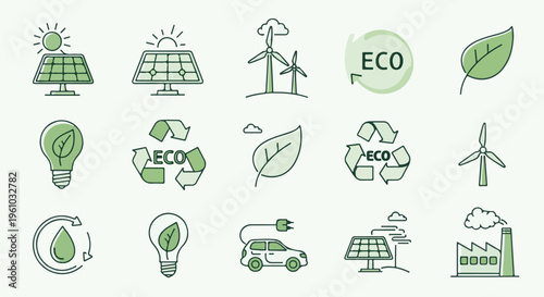 Environmental icons solar, wind, leaf, bulb, recycling, water, car, factory