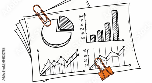 Hand-drawn financial charts and graphs with office clips