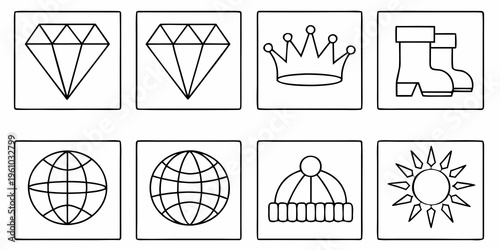 Simple line drawings of a diamond crown boot and other objects