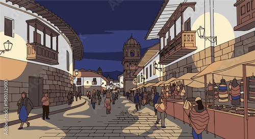 Evening street market scene with people, stalls, and colonial architecture