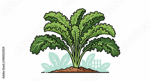 Green leafy vegetable growing from rich brown soil, with light blue leaves and fence
