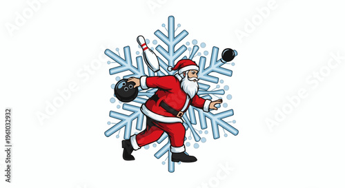 Festive Santa Claus bowling a ball through a large snowflake