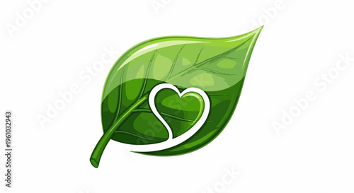 Green leaf with a white outlined heart at its center