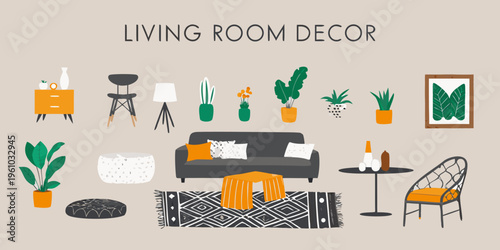 Stylized illustration of a modern living room decor arrangement