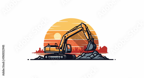 Excavator digging dirt under a sunset with city skyline