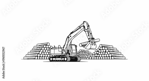 Excavator loading logs into a stack on a white background
