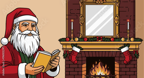 Festive Santa reads a book by a roaring fireplace adorned with stockings