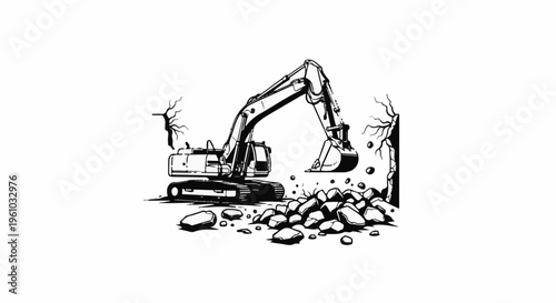 Excavator digging into a pile of rocks with trees on either side