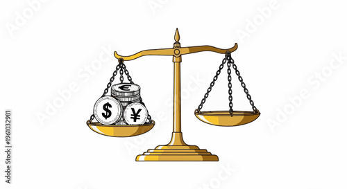 Golden balance scale with coins displaying currency symbols
